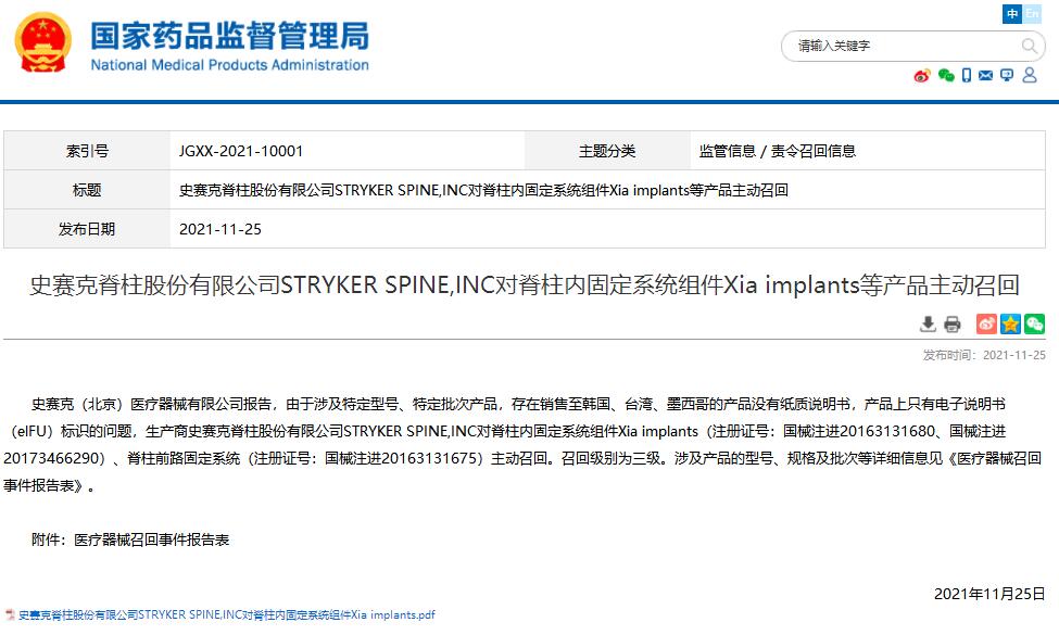 國(guó)家藥監(jiān)局發(fā)布史賽克脊柱股份有限公司對(duì)脊柱內(nèi)固定系統(tǒng)組件等產(chǎn)品主動(dòng)召回信息