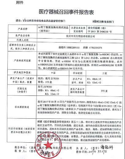 重慶中元生物技術(shù)有限公司對α-羥丁酸脫氫酶檢測試劑盒（速率法） 批號(hào)Z170301 規(guī)格R1 48mL×2 R2 12mL×2主動(dòng)召回