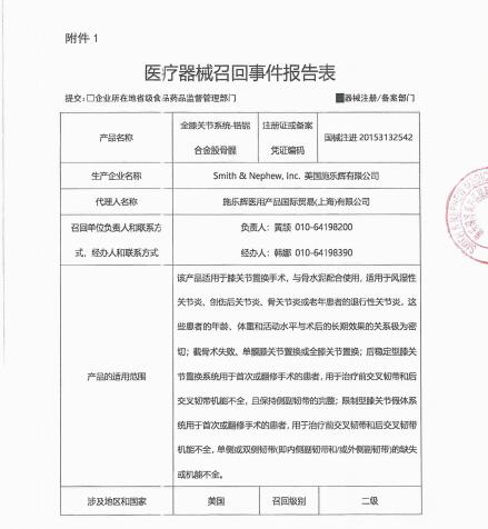 美國(guó)施樂(lè)輝有限公司Smith & Nephew, Inc.對(duì)全膝關(guān)節(jié)系統(tǒng)-鋯鈮合金股骨髁Total Knee System-Oxinium femoral implant主動(dòng)召回