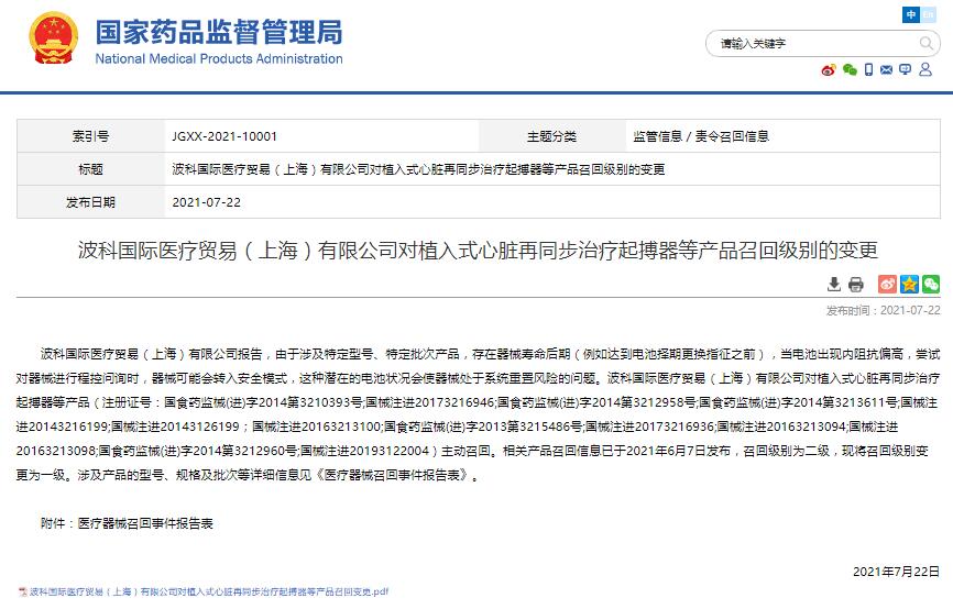 波科國際醫(yī)療貿(mào)易（上海）有限公司對植入式心臟再同步治療起搏器等產(chǎn)品召回級別的變更