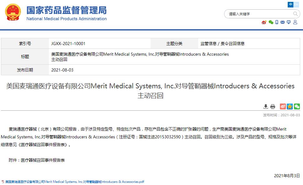 美國麥瑞通醫(yī)療設(shè)備有限公司Merit Medical Systems, Inc.對導(dǎo)管鞘器械Introducers & Accessories主動召回